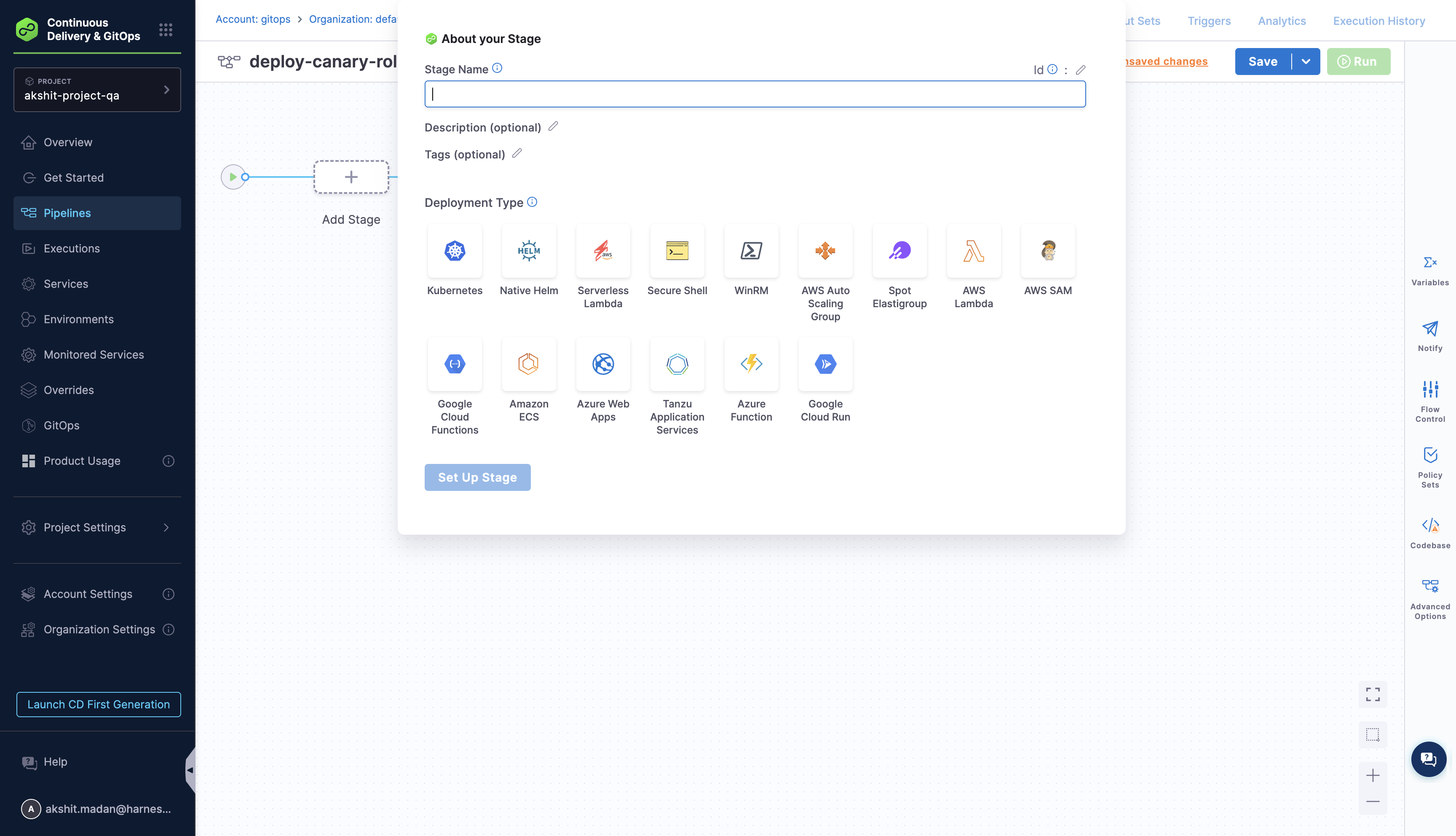 Pipeline stage configuration showing Service, Environment, and Infrastructure selection